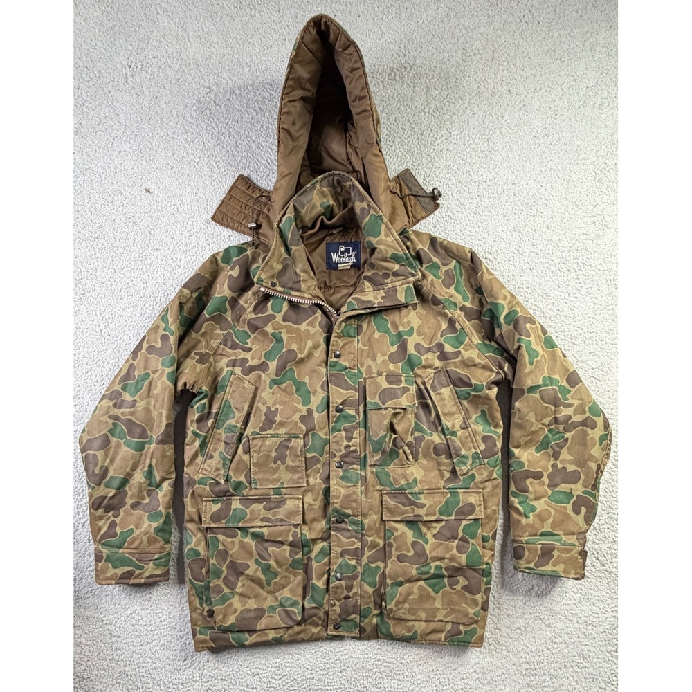 VTG Woolrich Frogskin Camo Hunting Jacket Thinsulate Hooded Made In USA Mens L